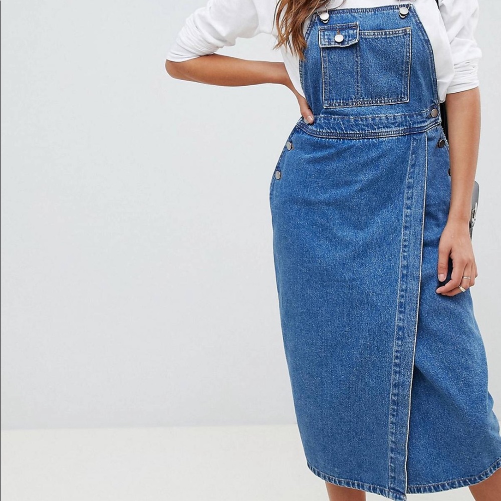 NWT Denim Midi Overall Dress in Mid Blue Wash